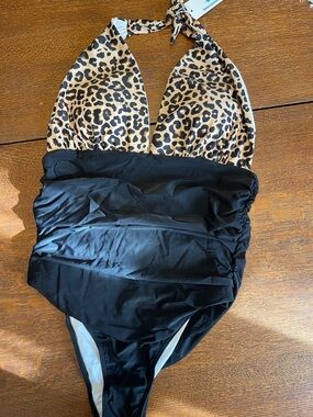 Leopard Halter One-Piece Swimsuit with Black Ruched Bodice